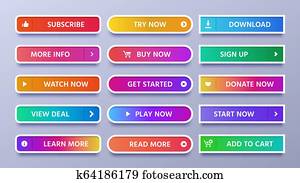 צבעוני, gradients, buttons., בהיר, רשת, כפתר, עם, איקון, או, חץ, חתום, ב, ו, חתום, איקונים, הפרד, וקטור, קבע