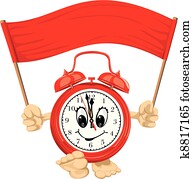 red alarm clock with banner