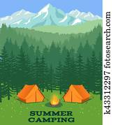 wald, camping, vektor, illustration., tourist, zelt, auf, lichtung wald, camping, vektor, illustration., tourist, zelt, auf, lichtung