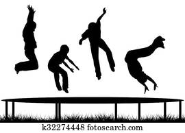 Children silhouettes jumping on garden trampoline