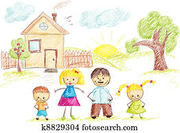 familie, og, hus, skisse, farge