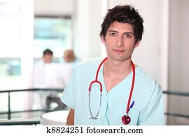 Hospital medic in scrubs with stethoscope