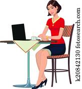 mujer, en, internet, café