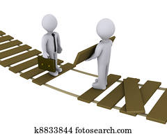 Businessman is helping another to cross a damaged bridge Businessman is helping another to cross a damaged bridge