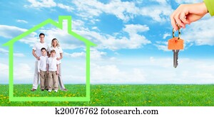 família feliz, perto, novo, home.