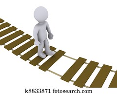 Person walking on damaged bridge Person walking on damaged bridge