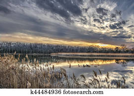 tranqüilo, baía chesapeake, lagoa, durante, inverno, em, pôr do sol
