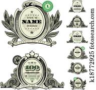 vektor, geld, logo, und, dollar, rahmen, satz vektor, geld, logo, und, dollar, rahmen, satz