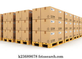 Warehouse with cardbaord boxes on shipping pallets