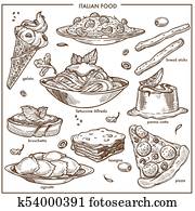 italienischer, cusine, skizze, geschirr, pizza,, pasta,, fleisch, und, nachtisch, vektor, heiligenbilder, satz italienischer, cusine, skizze, geschirr, pizza,, pasta,, fleisch, und, nachtisch, vektor, heiligenbilder, satz