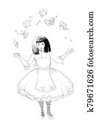 Mad Tea Party of Alice. Hand drawn illustration of young black haired girl with different tea equipment . Pen drawing on white background Mad Tea Party of Alice. Hand drawn illustration of young black haired girl with different tea equipment . Pen drawing on white background