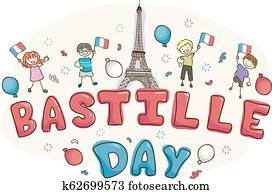 Stickman, crianças, comemorar, dia bastille, ilustração