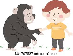 Kid Boy Chimpanzee Hand Greet Illustration Kid Boy Chimpanzee Hand Greet Illustration