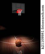 Basketball hoop with ball on wooden court floor Basketball hoop with ball on wooden court floor