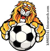 Cute Happy Lion Mascot with Soccer 