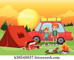 knaben, campen, in, dass, feld