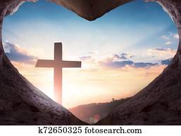 pascua, concept:, jesucristo, vacío, tumba, en, el, cruz, plano de fondo