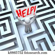 Person in Labyrinth Maze Holding Help Sign Person in Labyrinth Maze Holding Help Sign