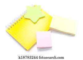 Yellow,green,pink memo sticks with yellow notebook