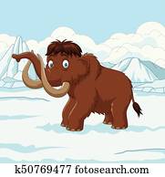 karikatur, wolliges mammut, gehende, durch, a, verschneit, feld karikatur, wolliges mammut, gehende, durch, a, verschneit, feld