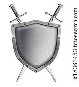 metal shield with two crossed swords isolated on white metal shield with two crossed swords isolated on white