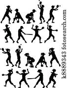 basebol, softball, crianças, silhuetas