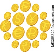 monnaie, icônes, ensemble, dessin animé, style