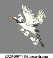 Vector watercolor set of illustrations bird crane. White stork . isolated object