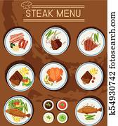 סטייק, תפריט, עם, שונה, סוגים, של, בשרים