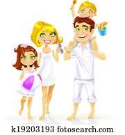 familie, mit, kindern, bereit, für, a, strand feiertag, freigestellt, auf, a, weißer hintergrund