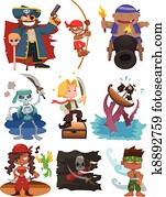 karikatúra, kalóz, ikon, állhatatos