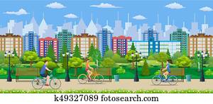 lovaglás, bicycles, alatt, általános dísztér