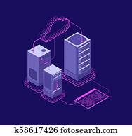Network hosting solutions, datacenter with services, website administrative support vector isometric concept Network hosting solutions, datacenter with services, website administrative support vector isometric concept