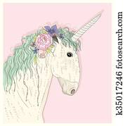 söt, enhörning, med, flowers.