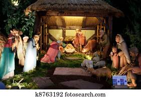 קטע של לידה של חג המולד, עם, שלושה גברים חכמים, להציג, מתנות, ל, תינוק, jesus,, מרי & יוסף