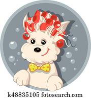 lustig, hund, mit, haarrollen, haustier, salon, vektor, karikatur lustig, hund, mit, haarrollen, haustier, salon, vektor, karikatur