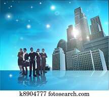 professionnel, équipe, bleu, ville, illustr