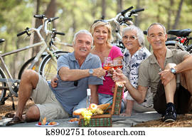 quattro, anziano, persone, tostare, a, picnic