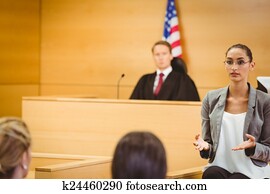 sério, advogado, fazer, um, encerramento, declaração