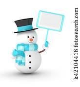 3d rendering of snowman holding a blank board over white 3d rendering of snowman holding a blank board over white