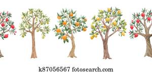 Beautiful seamless pattern with cute watercolor fruit trees. Stock orchard illustration. Beautiful seamless pattern with cute watercolor fruit trees. Stock orchard illustration.