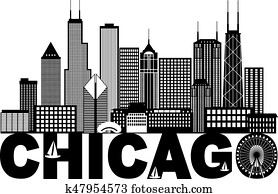Chicago City Skyline Text Black and White Illustration
