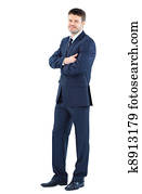 Full body portrait of happy smiling business man, isolated on white background