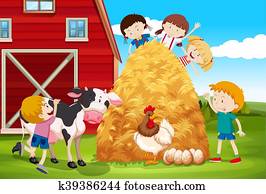 kinder, spielen, mit, bauernhoftiere, in, bauernhof kinder, spielen, mit, bauernhoftiere, in, bauernhof