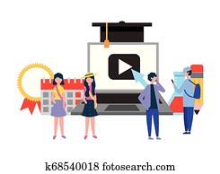 personengruppe, mit, smartphone, laptop, lernen, online