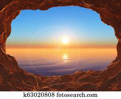 3D view from a cave looking out to a sunset ocean 3D view from a cave looking out to a sunset ocean