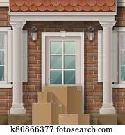 a, haufen, von, pakete, vor, dass, haus, entrance. a, haufen, von, pakete, vor, dass, haus, entrance.