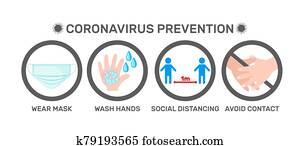 coronavirus, מניעה, איקונים, ב, דירה, סיגנון, הפרד, בלבן, רקע.