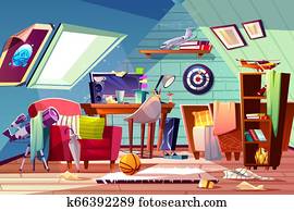 Teen boy messy attic room interior cartoon Teen boy messy attic room interior cartoon