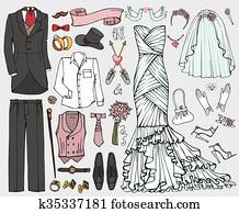 Wedding fashion. Doodle bride, groom dress, clothing set Wedding fashion. Doodle bride, groom dress, clothing set